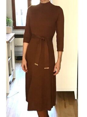 Calvin Klein Cinnamon Ribbed Knit Mock Neck Midi Dress Small - Pristine